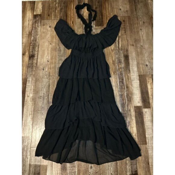 Misa Los Angeles Off the Shoulder Ruffle Tiered Maxi Dress Halter Neck Black XS - Picture 1 of 6